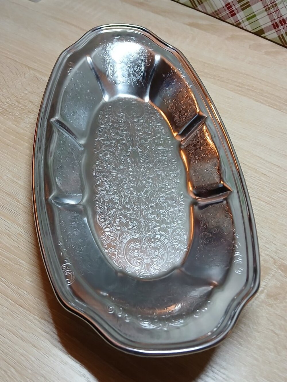 Vintage Antique Silver Tone Metal Platter Etched Floral Design